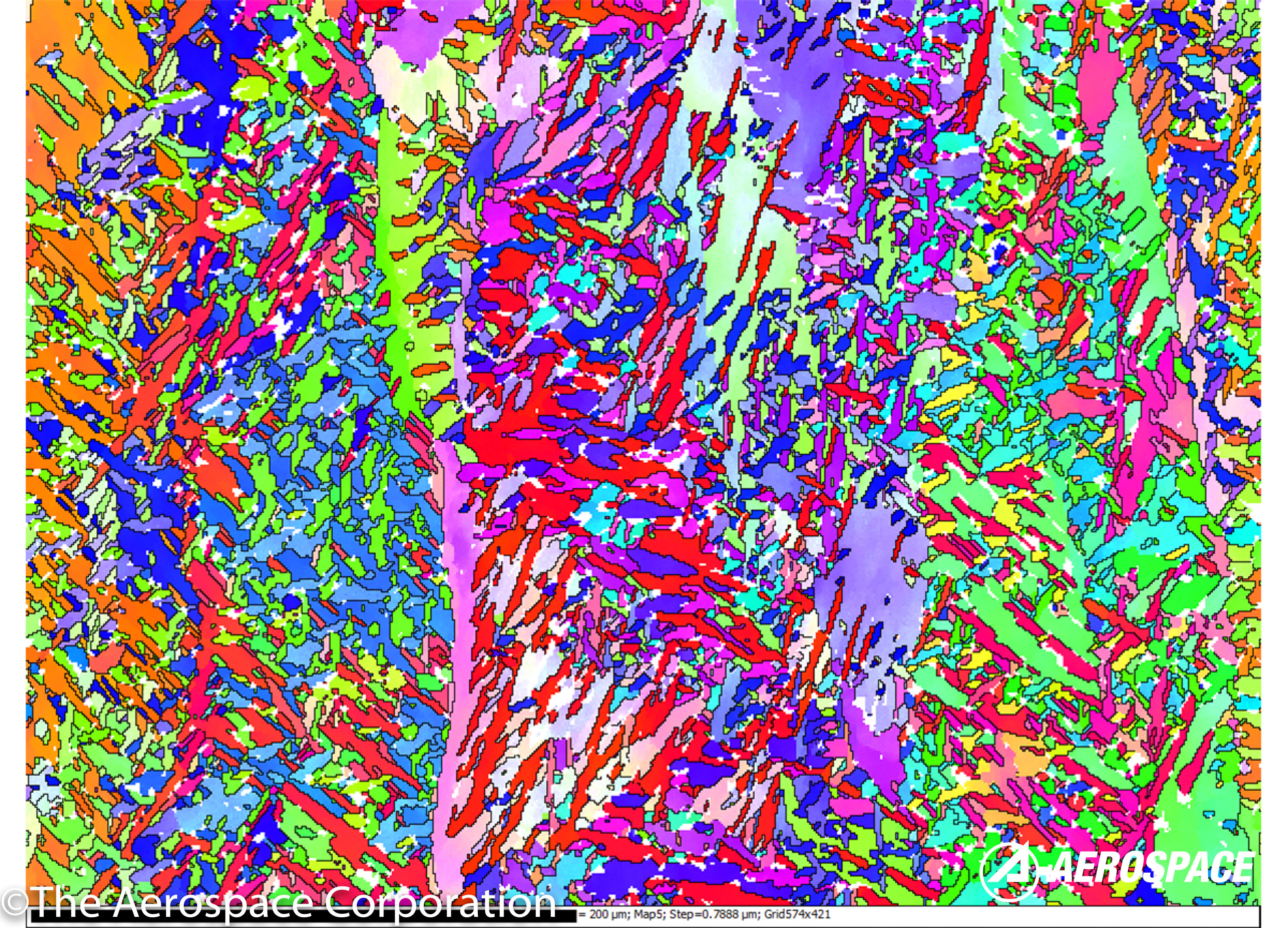 Down to Details: A crystallographic orientation map of an additively manufactured aluminum alloy part, obtained with a scanning electron microscope-based Electron BackScatter Diffraction technique.